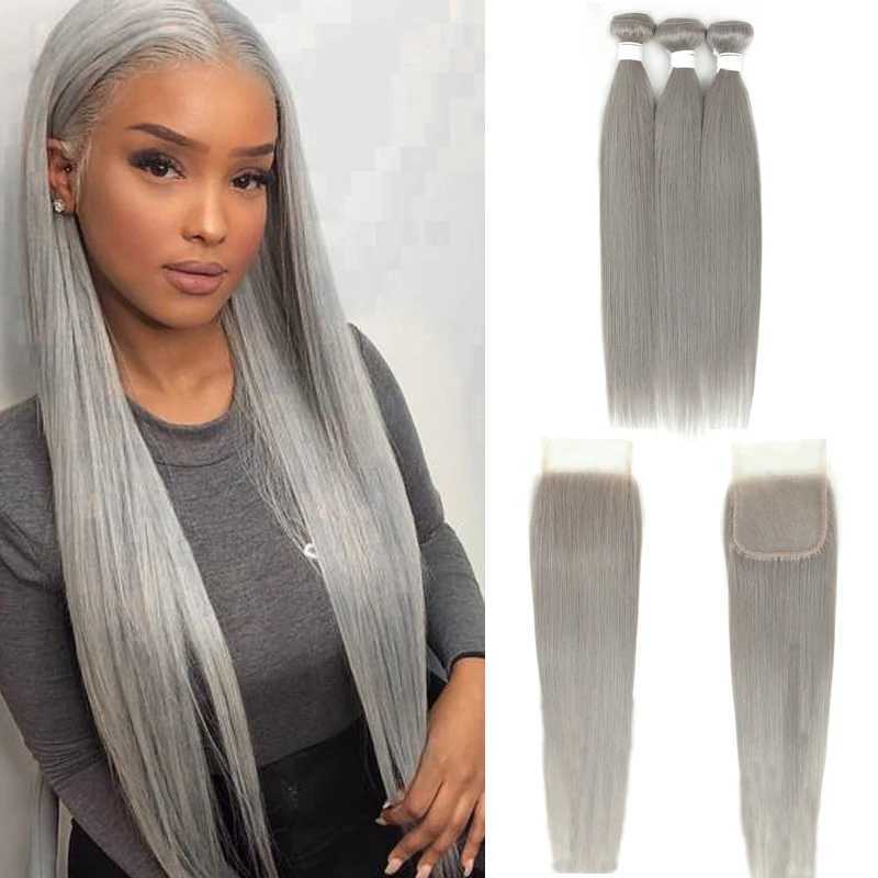 Brazilian Straight Bundle With Clo 4x4 Silver Grey Color 3 Bundles With Clo Gray Remy 100% Human Hair Bundles KEMY HAIRXJ250120