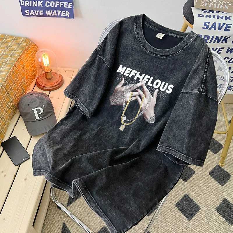 American Wash Mens Short-sleeved T-shirt Summer Vintage To Do Old Couple Jacket Ins Hip Hop Half-sleeved T-shirt X250203