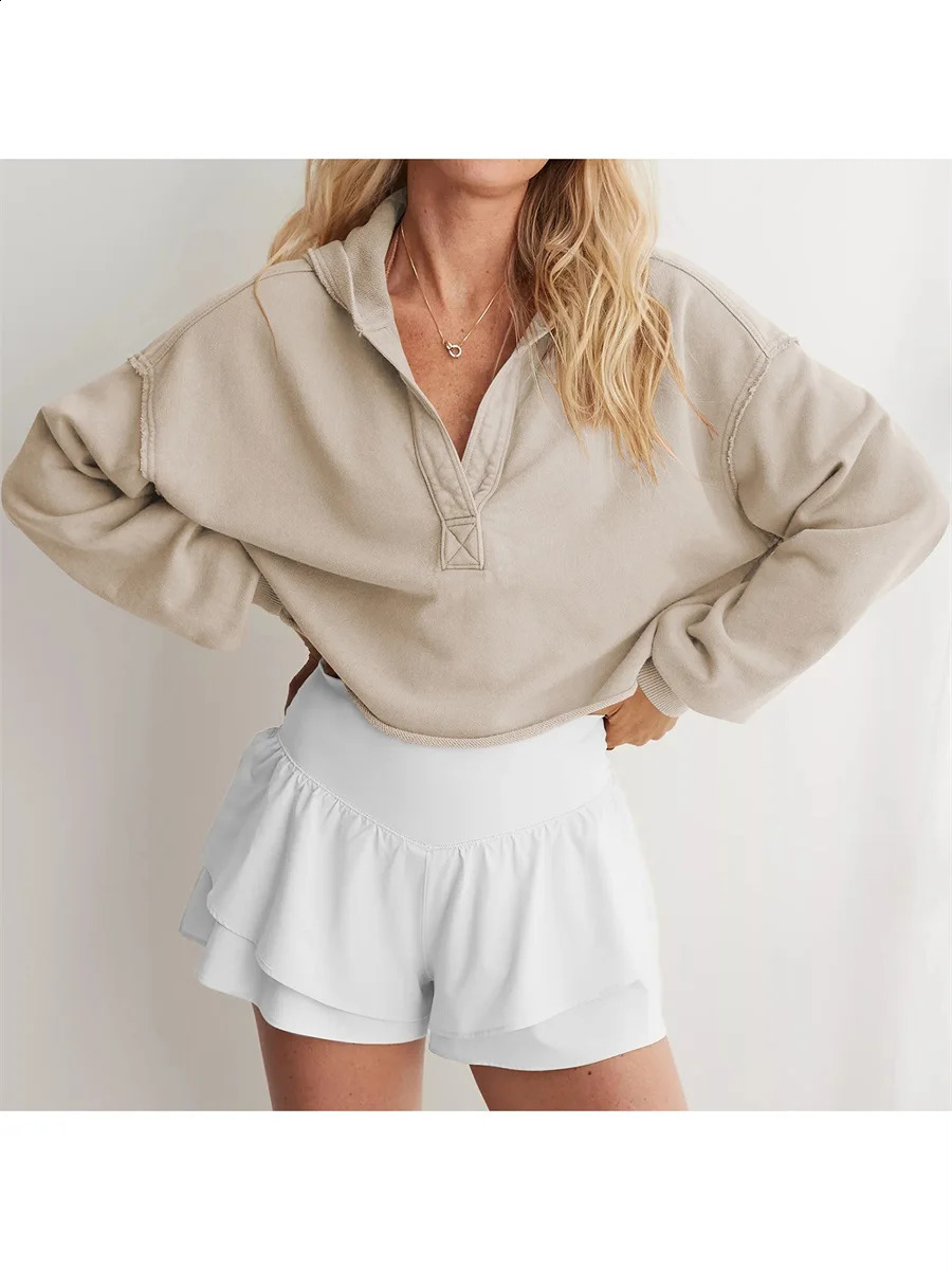Womens Spring Autumn Hooded Sweatshirt Casual Loose Long Sleeve Solid Color V Neck Crop Hoodie Female Oversized Pullovers Tops 250121