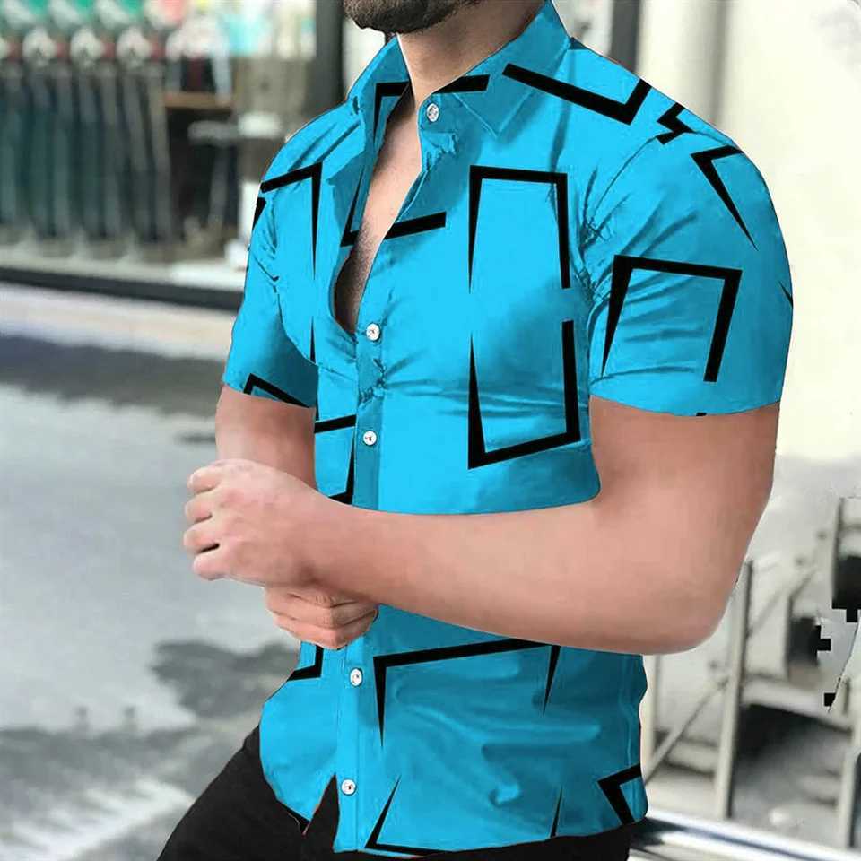 Mens Geometric Lines Solid Color Printed Shirt Short Sleeve Button Comfortable Mens Shirt Hawaii Business Leisure Vacation TopXJ250121