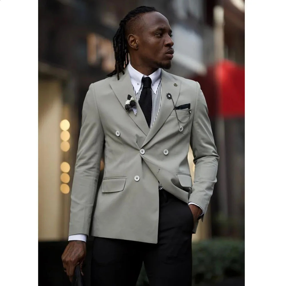 Elegant in Mens Suits Double Breasted 2 Pieces Gray Jacket Black Pants Blazers Sets Smart Business Banquet Costume Homme 250121