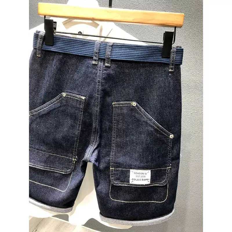 Summer Cargo Mens Casual Knee-length Denim Shorts Solid Deep Blue Color with Large Pockets Streetwear Classic Jeans Shorts Male X250203
