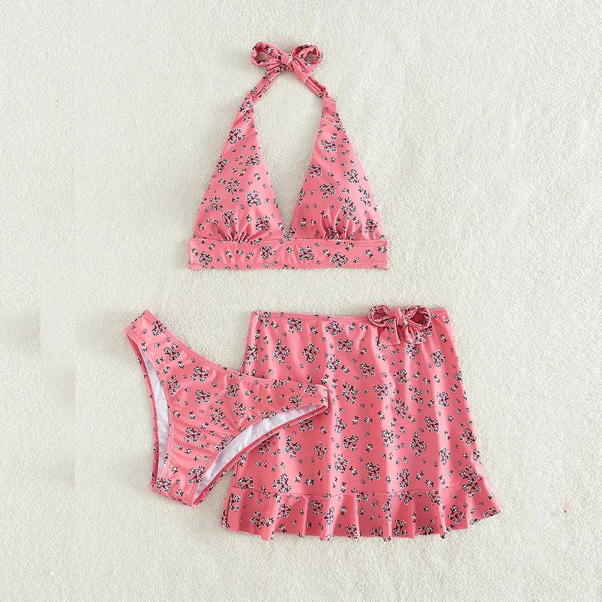 Msfilia Fashion Womens Swimsuit Halter Split Three Piece Set Floral Mesh Red Lace up Skirt Bikini SuitsXJ250120