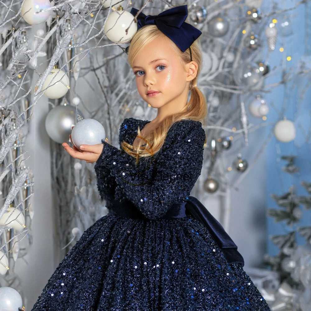 Sparking Full Sleeve Sequined Flower Girl Dresses with Bow A Line Communion Dresses Girls Winter Christmas Gown Christening 2022 X250203