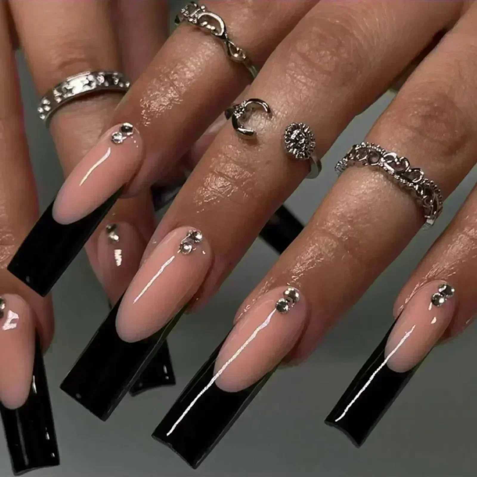 24Pcs Wearable False Nails with Glue Long Ballerina Pink Press on Nails French Full Cover Coffin Fake Nails Tip with RhinestonesW250120