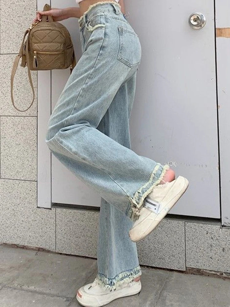 Women High Waist Raw Edge Washed Jeans Girls Light Color Straight Leg Denim Pants Lady Blue Hong Kong Style Retro Loose Trousers 250109Z