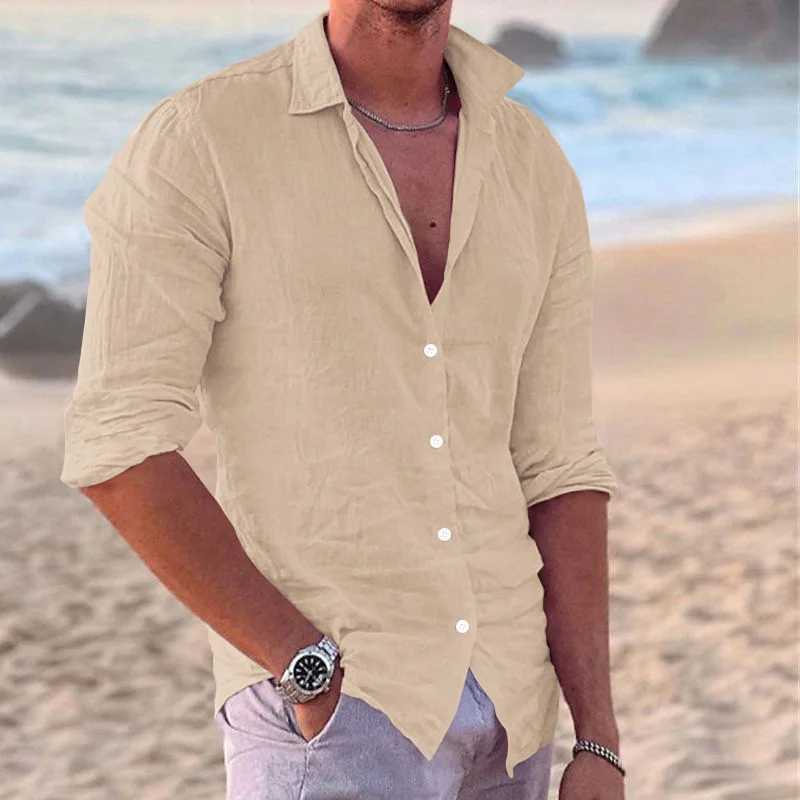 2024 Mens Linen Lapel Long Sleeve Shirt Hawaiian Solid Color Casual Beach Top Loose Breathable Fashion Large Size Top XS-6XLXJ250121