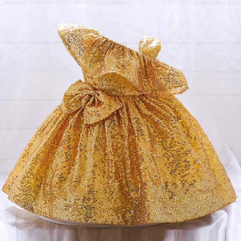 1 Year Birthday Dress For Baptism Sequin Princess Dress Red Gold Party Newborns Toddler Costume Baby Girl Clothes One Shoulder X250203