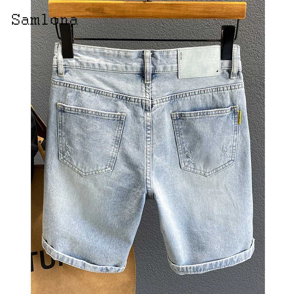 Samlona Plus Size Men Fashion Bottom Mid Waist Crimping Denim Shorts Loose Vintage Hole Ripped Short Jeans Male Summer Hotpants X250203