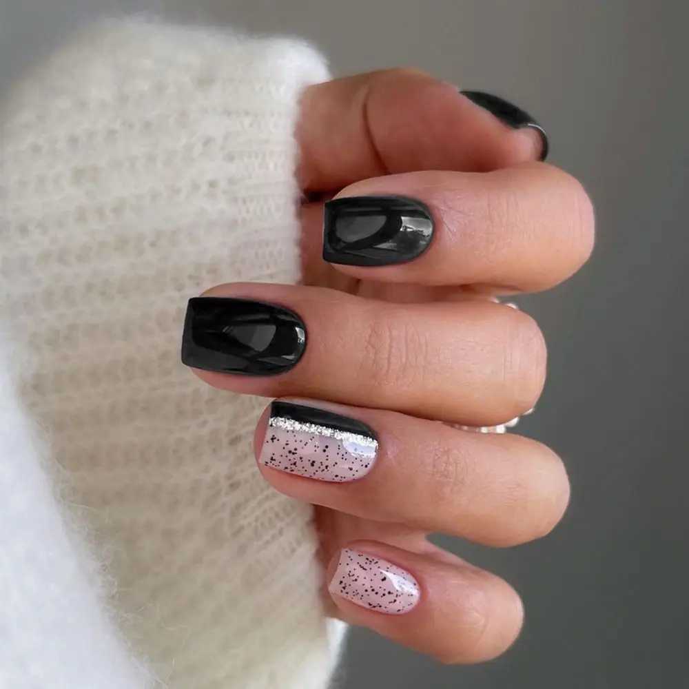 24pcs Long Square False Nails French Love Foil White s Black White s Fake Nails Full Cover Press on Nails Nail TipsW250120