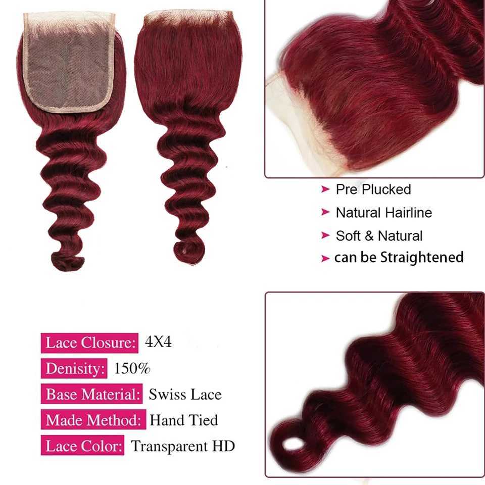 Burgundy Bundles with Clo 99j Loose Deep wave Human Hair with 4x4 lace clo Free Part Virgin Raw Hair ExtensionsXJ250120