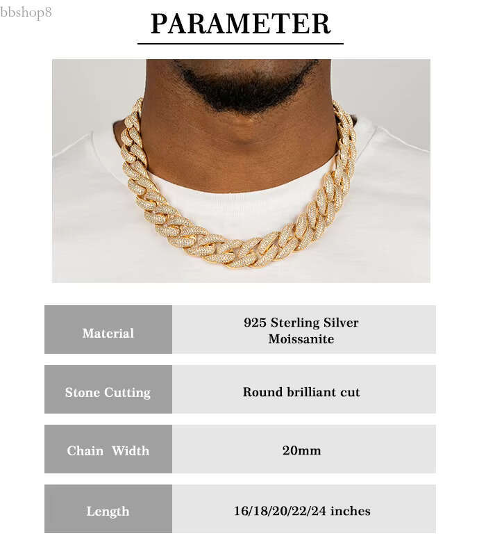 Luster Hip Hop Iced Out 20mm Wide VVS Round Box Clasp Choker Sier Moissanite Cuban k Chain for Rapper Men