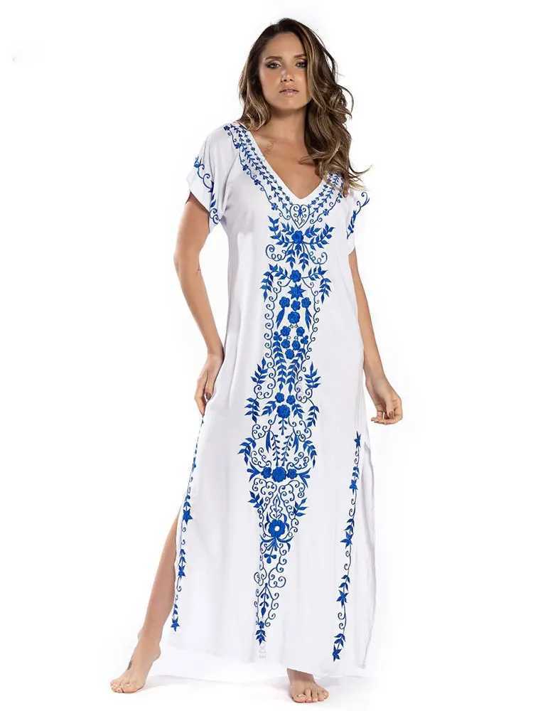 2023 Embroidery Kaftan Beach Cover Up Saida de Praia Swimsuit Women Bikini Cover-ups Tunic for Beach Pareo Sarong Beachwear Q790 W250120