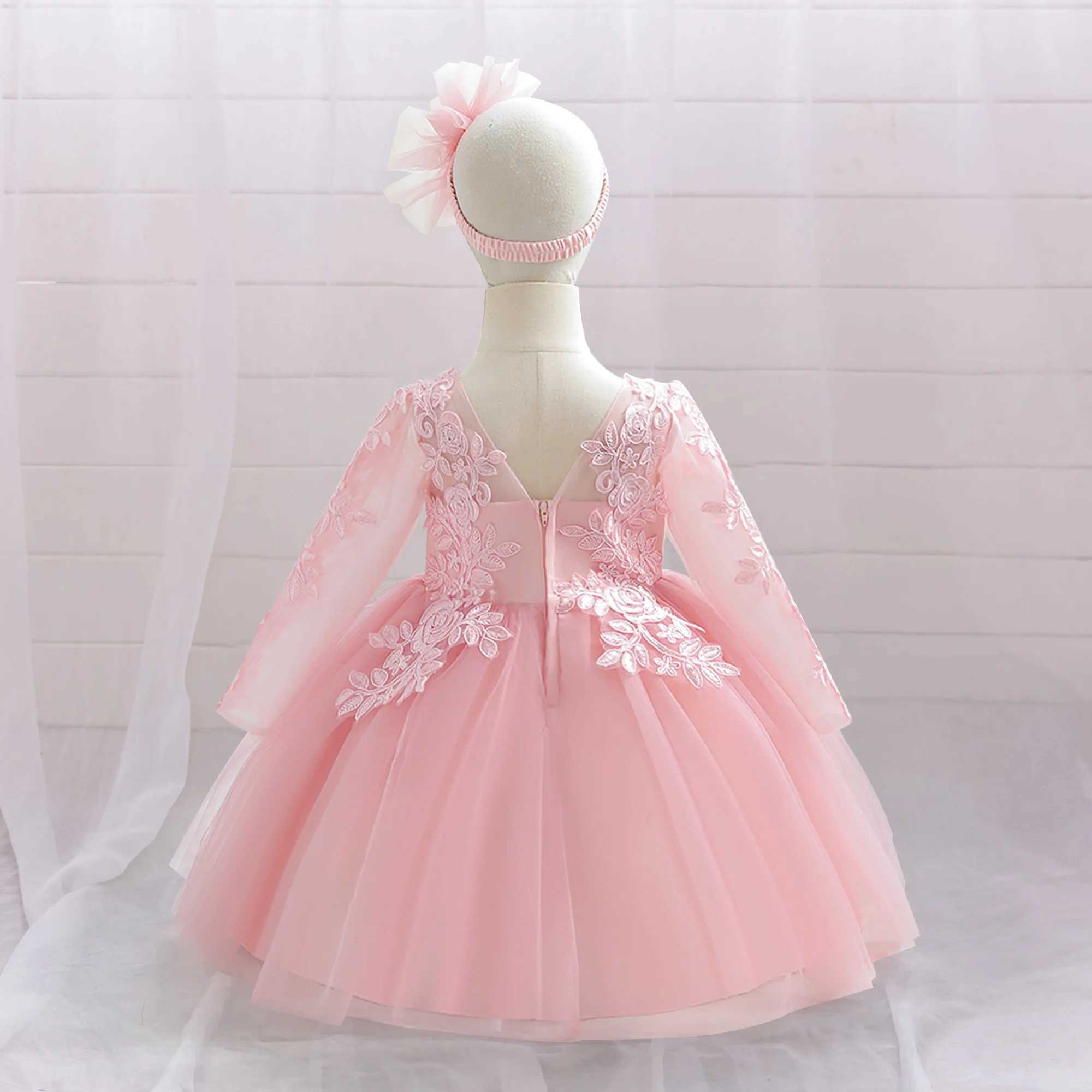 Long Sleeve White Baptism Baby Girl Wedding Dress Applique Bow 1st Birthday Party Princess Dresses Girls Toddler Tulle Prom Gown X250203
