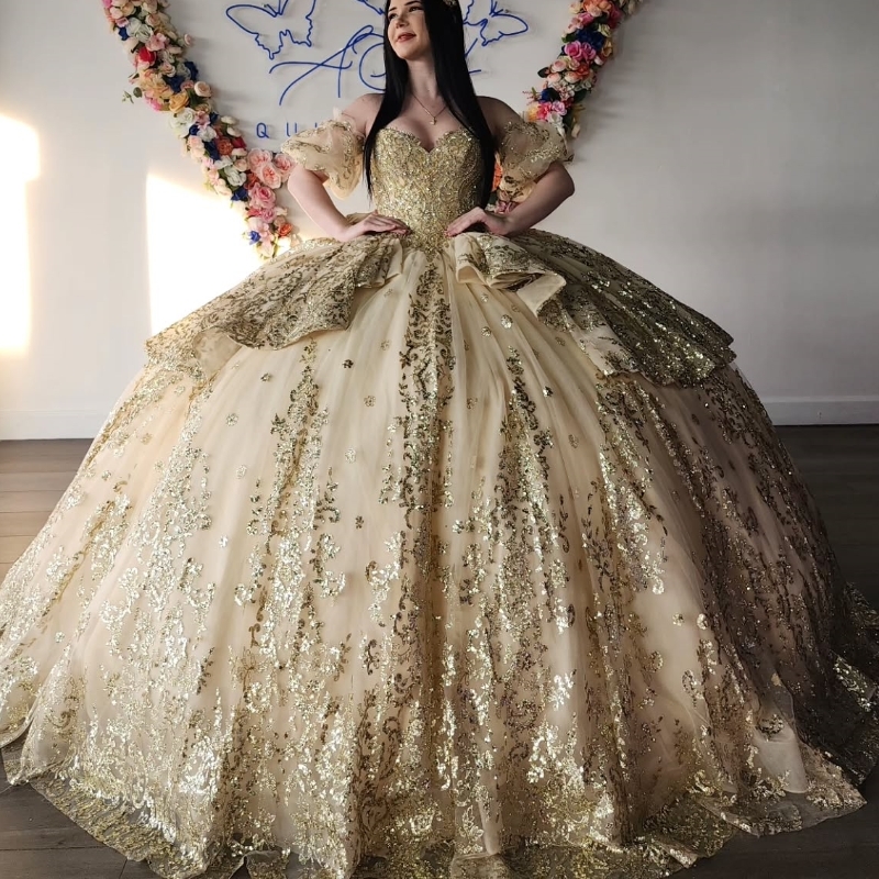 Champagne Quinceanera Dresses Ball Gown Off The Shoulder Sequin Applique Lace Beads Tull Party Birthday Sweet 16 Dress Vestidos 15 de anos