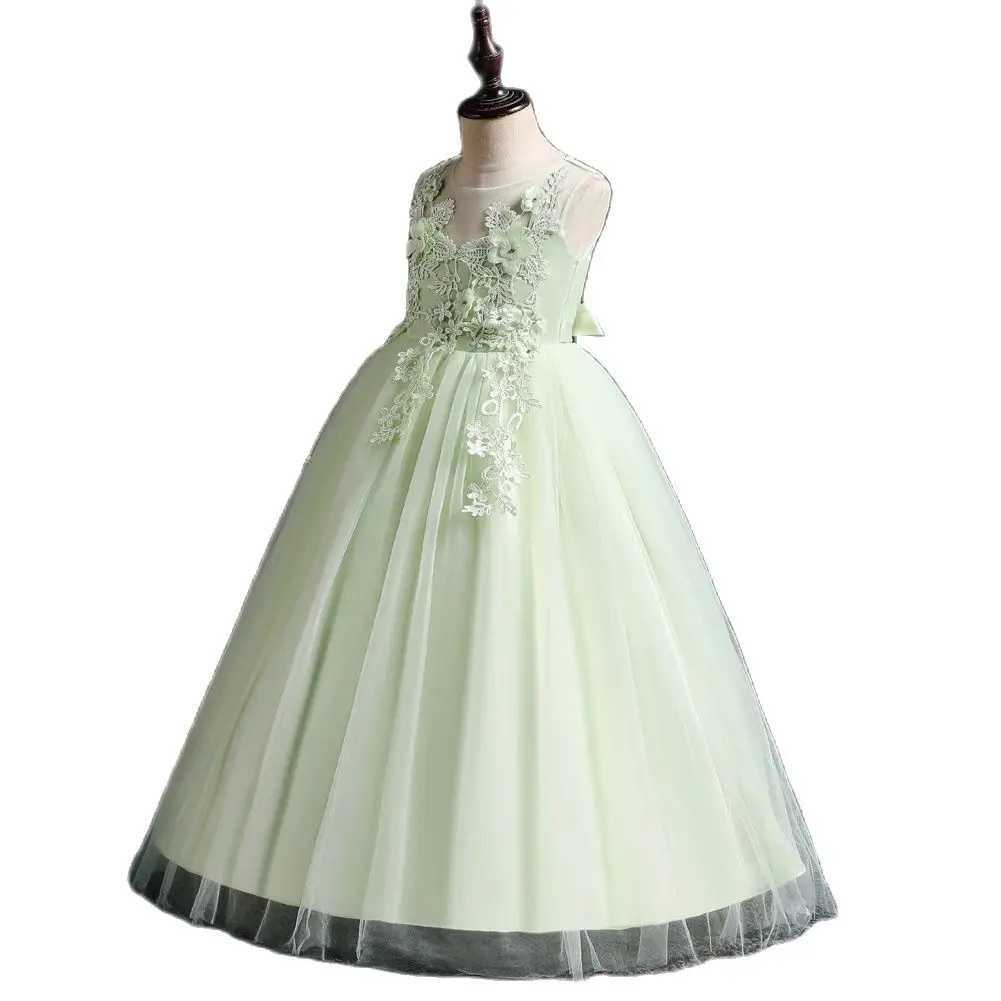 Green New Girl Flower Long Dress Childrens Ball Embroidered Princess Dress for 4 to 14 years Girl Party Wear X250203