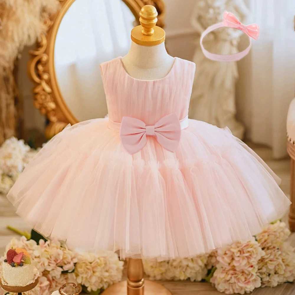 Baby pleated girl princess dress baby white 1st birthday Baptist dress toddler bow party wedding ball dress baby costume X250203