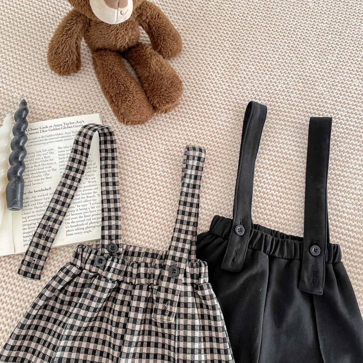 8404 Baby Clothing Set Spring Summer Korean Plaid Casual Strap Pant Or Long Sleeve Shirt Cotton Boys Twopiece 250117