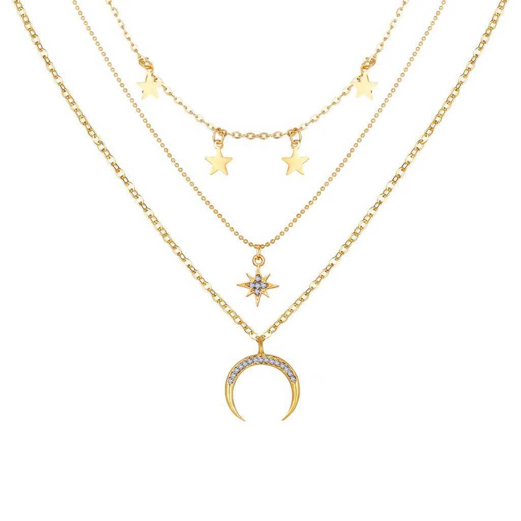 Necklace For Women Fashion Elegant Star Moon Three-layer Necklace Vintage Clavicle Chain Ladies Party Jewelry Necklace 2022XJ250121