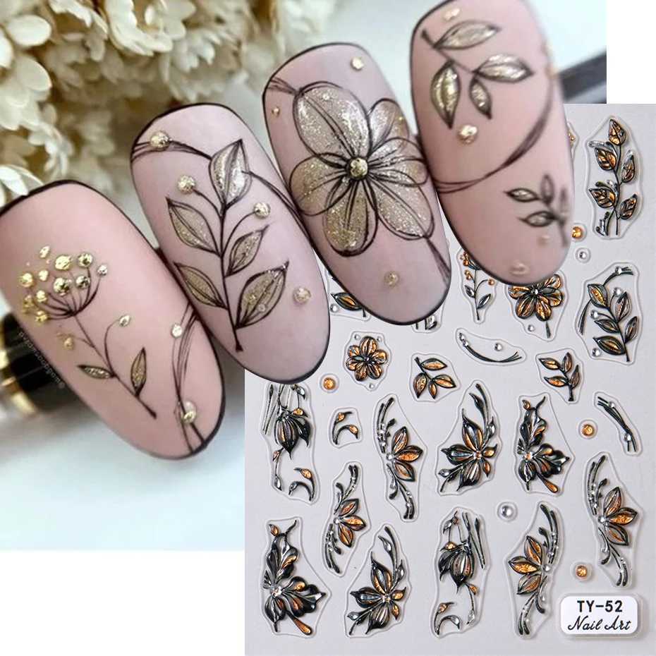 5D Black Gold Flowers Nail Art Stickers Shiny Glitter Petals Autumn Leaves Nail Decals Watercolor Floral Adhesive Manicure DecorXJ250120