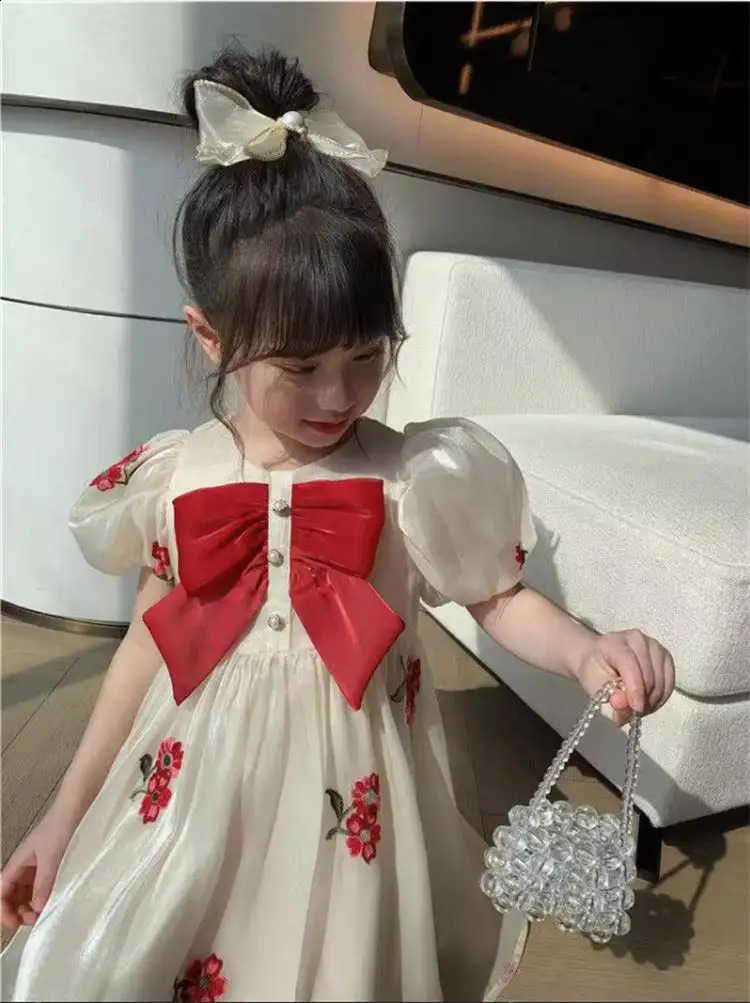 Summer Girls Dresses Puff Sleeves Gauzy Dress Bow Tie Decoration Princess Childrens Clothes For 26Y 250117