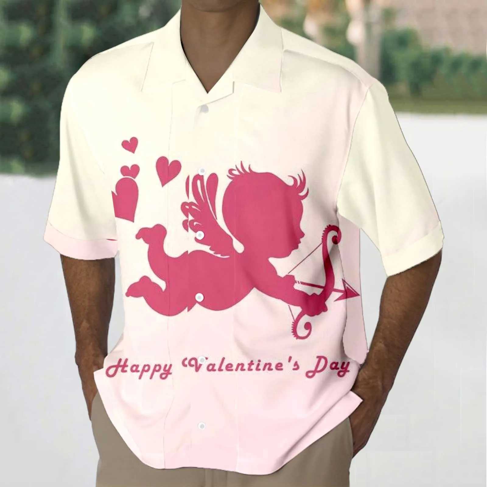 Valentine Day Mens Shirts Cupid Heart Print Patchwork Casual Shirt 2024 Summer Short Sleeve Turn Down Collar Button Up Tees TopXJ250121