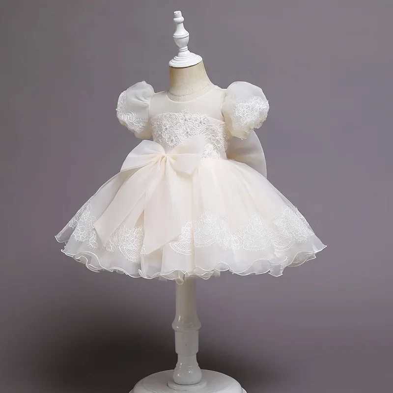Puff Sleeve Embroidery Big Bow Baby Girl Baptismal Dress Pearl Princess Kids Dress Toddler Clothes For Newborns Dresses 1 3 6Y X250203