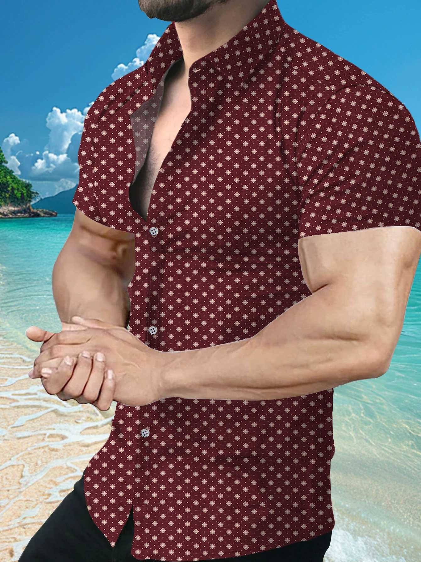 Mens Dots Printed Short Sleeved Button Up Shirts Casual Dressing Shirts Short Sleeve Button Down Shirts Summer Casual ShirtsXJ250121