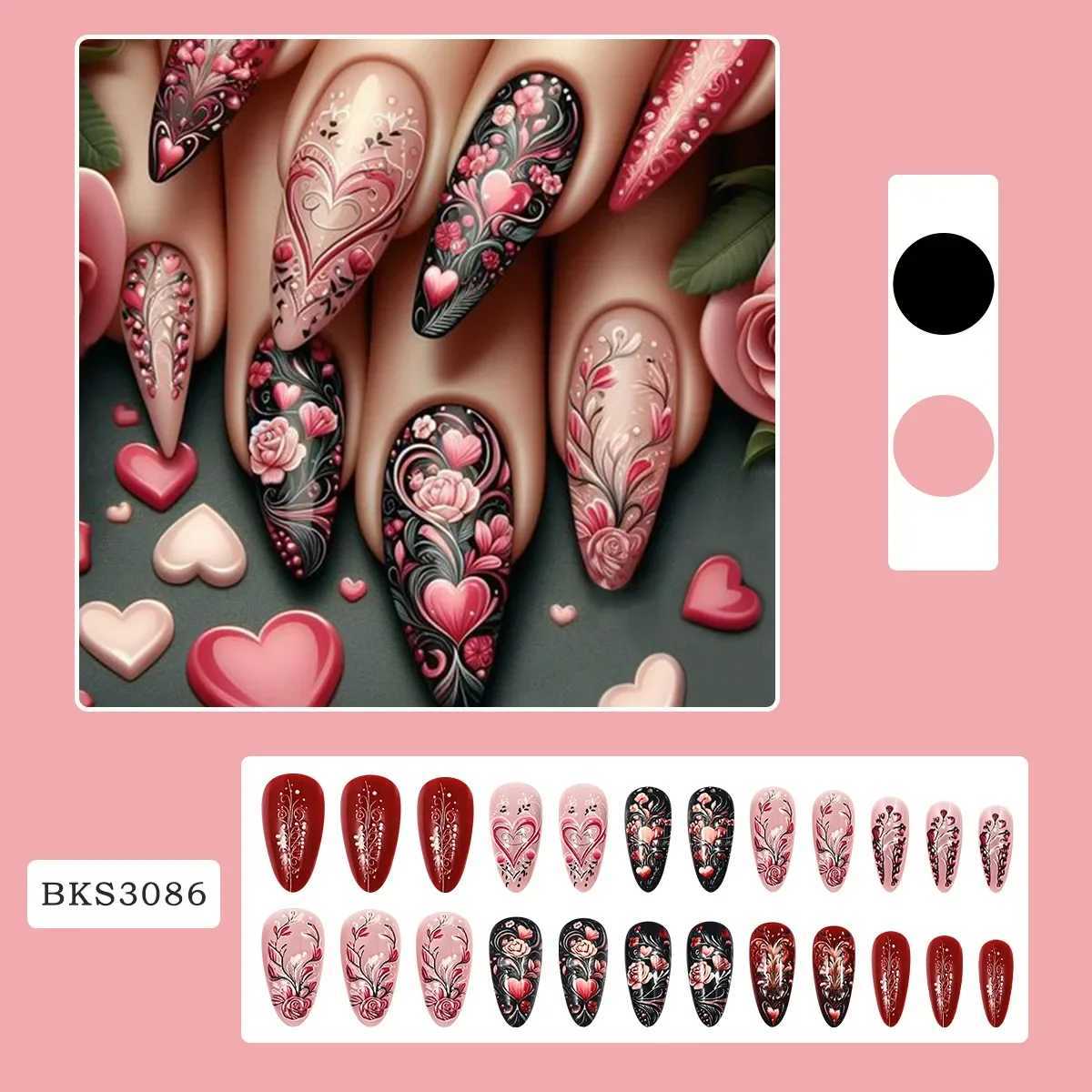 24Pcs Romantic Floral Press on Nails with Rose Love Design Colorful Beautiful Nails for Women Girls Valentines Day Wear TipsW250120