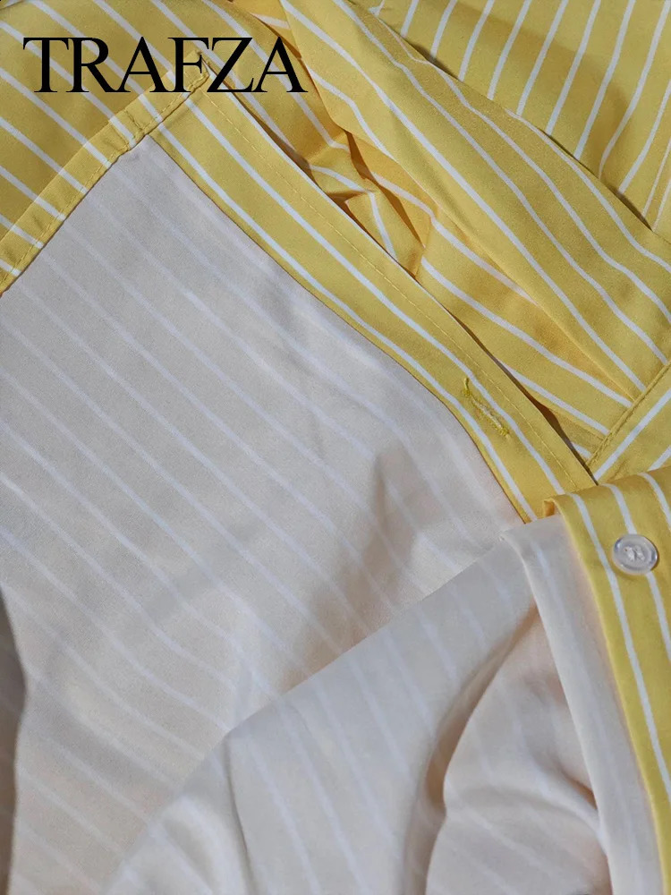 TRAFZA Women Casual Pants Set Yellow Striped High Waist Loose Pant Large Shirt Elegant Style Holiday Street Trends 250122