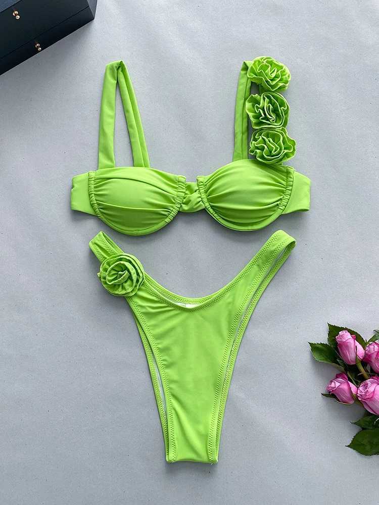 Sexy Swimwear Women Solid Bikini Suit Summer 3D Flower Backless Beachwear Fe Two-pieces Swimwear Bathing Suit BiquiniXJ250120