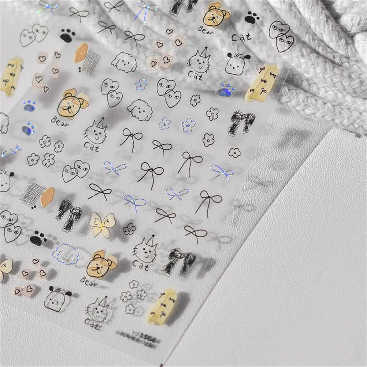 1pcs Cute Sketching Graffiti Animal Cat Dog Rabbit Bear Laser Nail Art Sticker Designs Self Adhesive Decoration Decal AcessoriesXJ250120