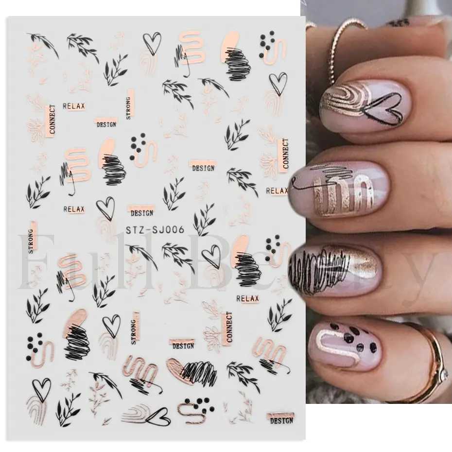 Metal Graffiti Line Nail Stickers Rose Gold 3D Laser Abstract Face Black Bronzing Geometric Leaf Decals Nail Design Decor SliderXJ250120