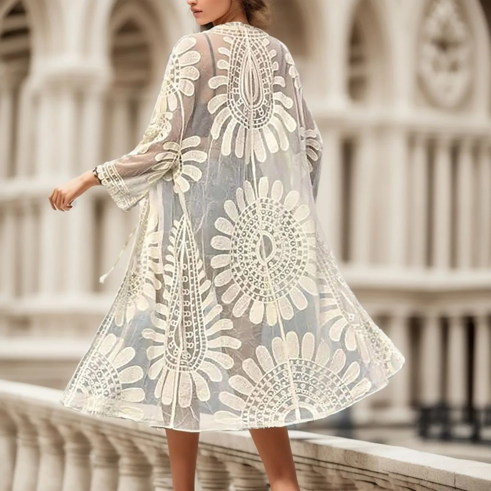 Flower Lace Coverups Beachwear Loose Boho Kimono Beach Bikini Cover Up Dresses Solid Knitted Wear Coverup Dress 250122