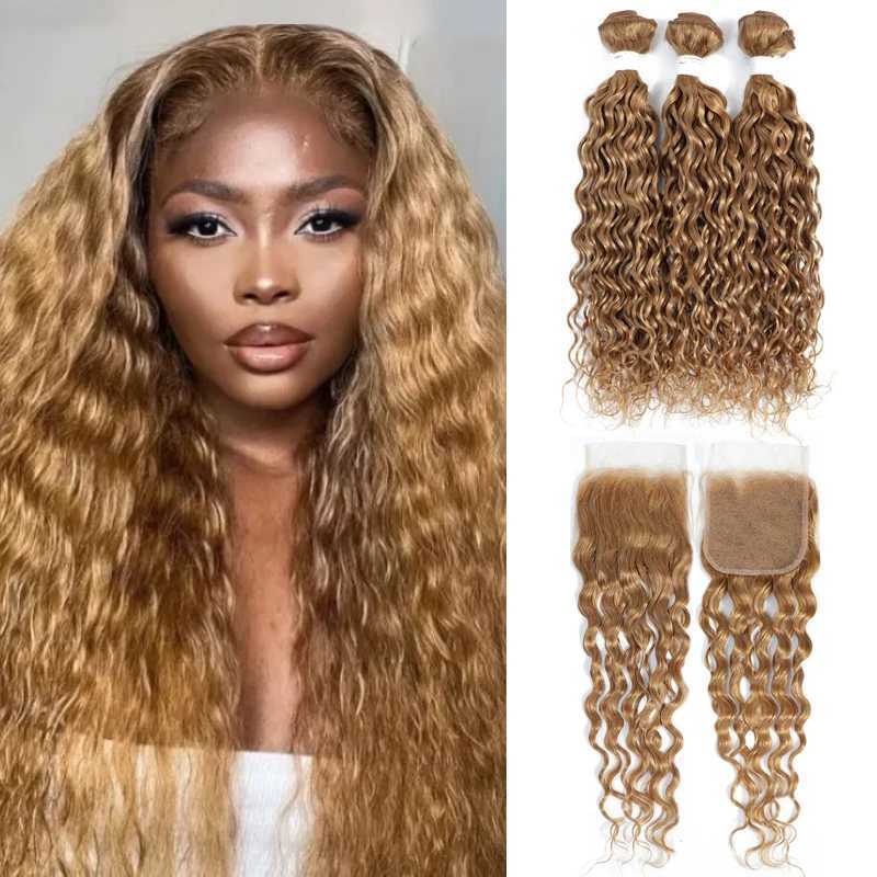 27# Honey Blonde Water Wave Bundles With Clo 4x4 SOKU Brazilian Brown 99J Human Hair Weave Bundles With Clo Remy HairXJ250120