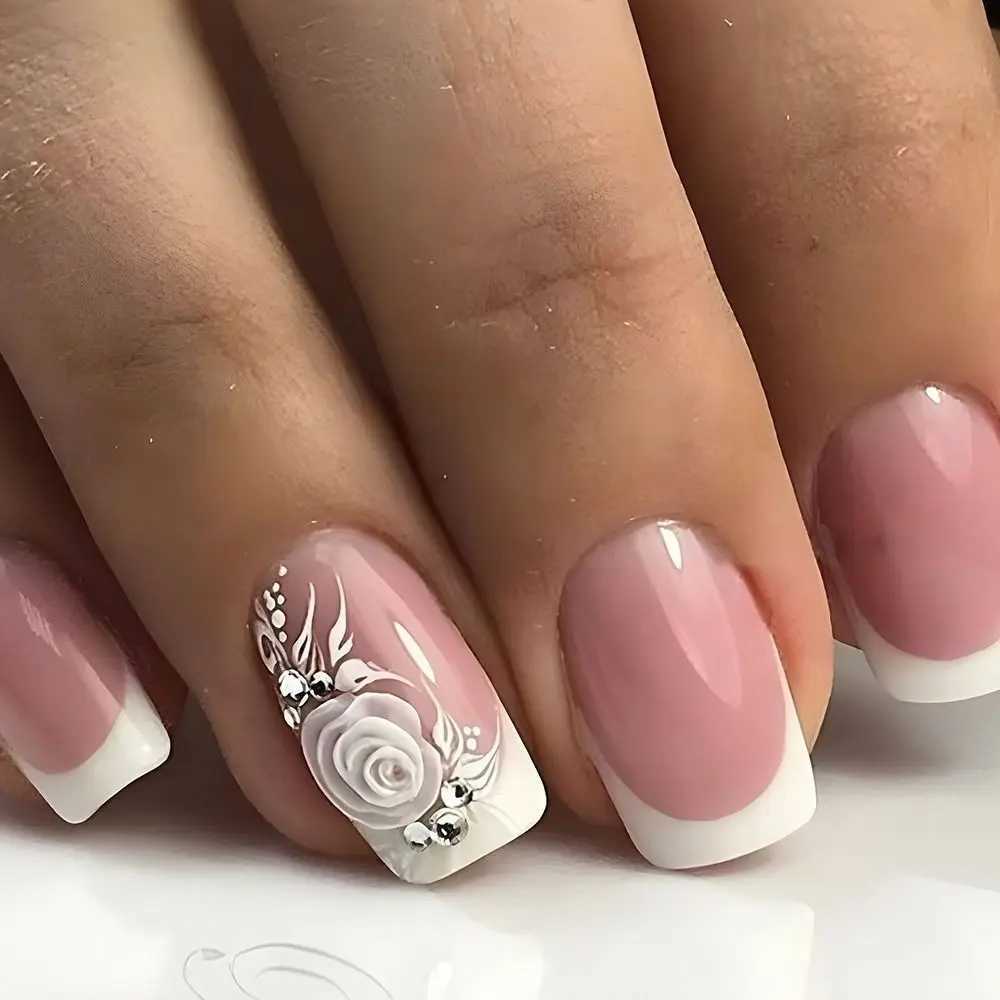 24pcs Long Square False Nails French Love Foil White s Black White s Fake Nails Full Cover Press on Nails Nail TipsW250120
