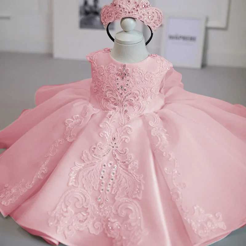 Baby Girl Christmas Baptist White Pink Dress Childrens Beads First Birthday Elegant Princess Party Christmas Toddler Vestido X250203