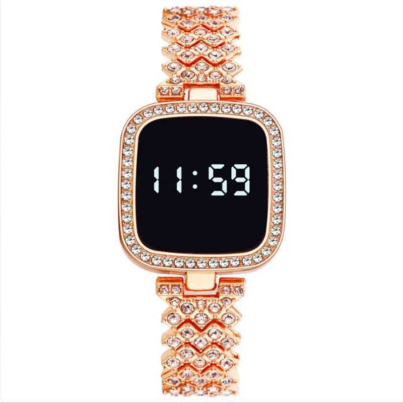 Luxury Rhinestone Digital Watch for Wen Simple Touch Screen LED Watch Fashion Steel Strap Rose Gold Ladies Watch Womens Watch X250203
