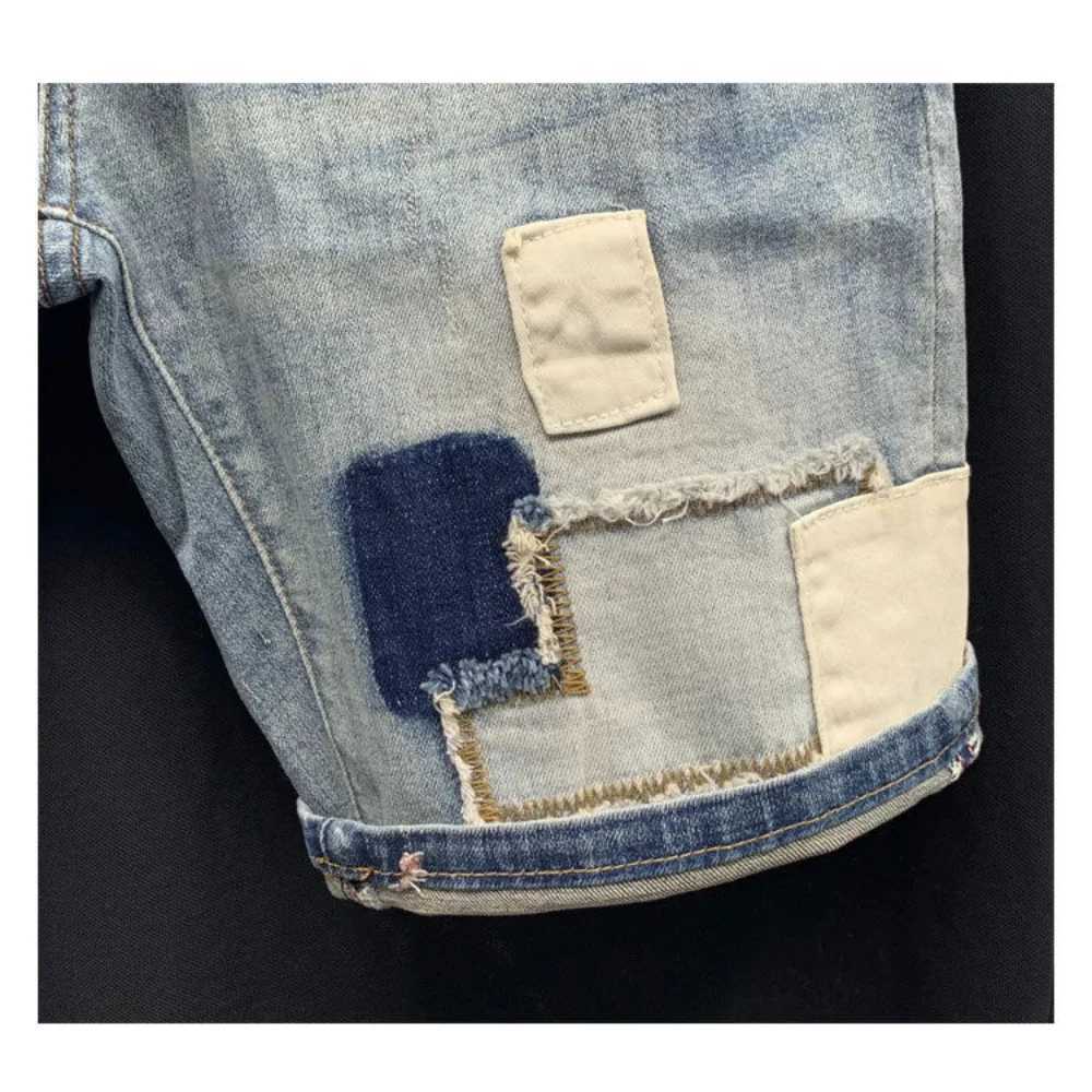 New mens denim shorts with perforations Korean style straight quarter patch casual jeans Bermuda mens clothing X250203