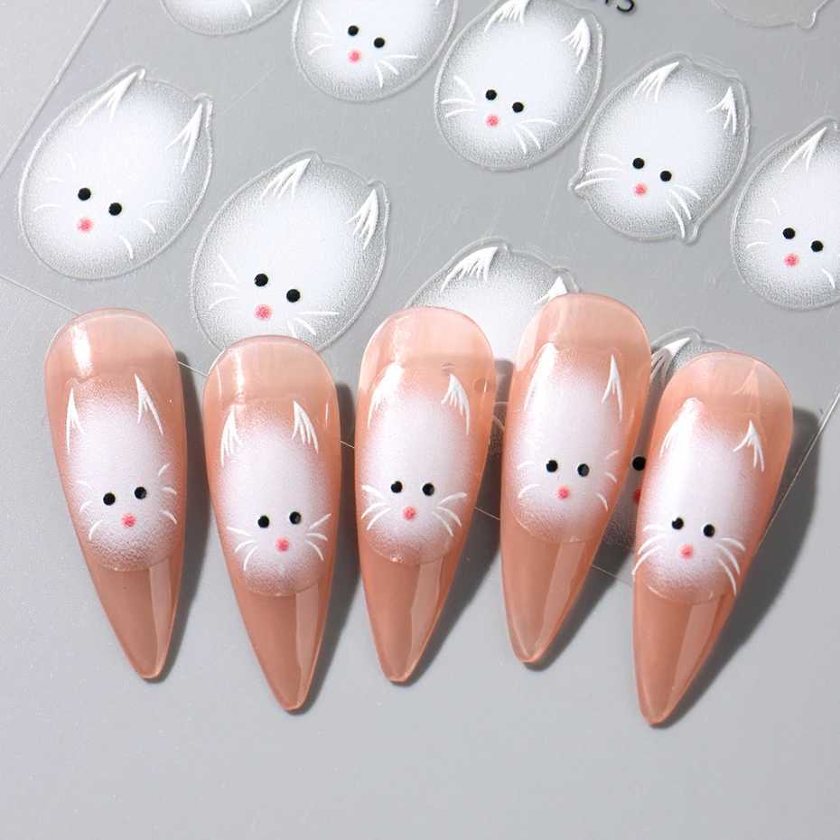 Cute White Cat Nail Stickers Decals 5D Kitten Ink Blooming Flowers Nail Art Decoration Kawaii Cartoon Decals Summer ManicureXJ250120