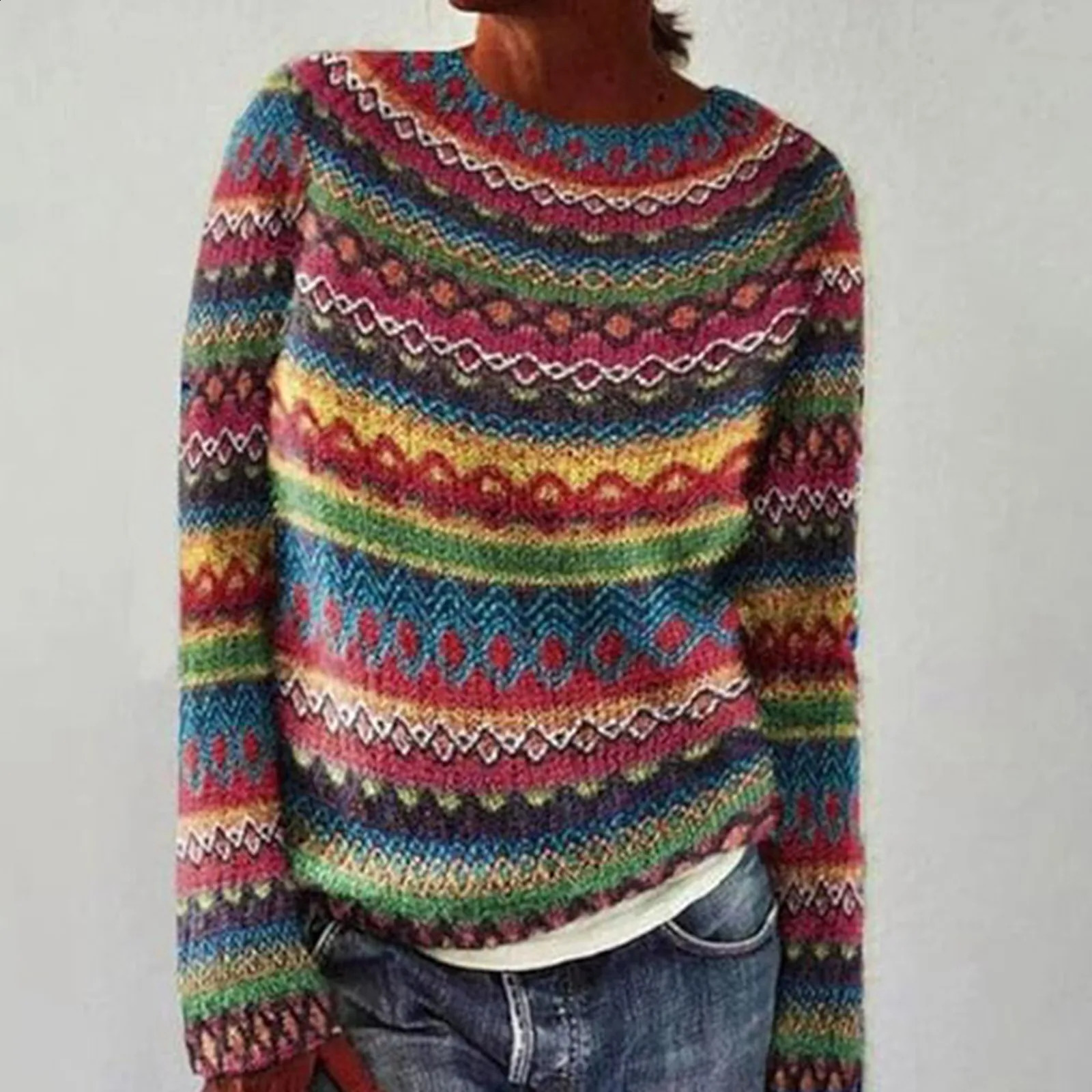 Fashion Womens Knitted Sweater Autumn Winter Print Long Sleeve Crew Neck Pullover Large Size Warm Top For Female 250114