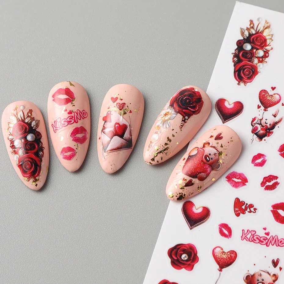 Valentine Love Heart Design Nail Stickers Cute Teddy Bear Cat Panda Decal Geometry Strip Line Rose Sexy Lip Sliders For ManicureXJ250120