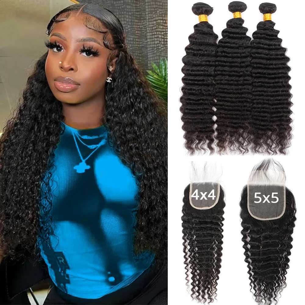 Deep Wave Bundles With Clo Brazilian Hair Weave 3/4 Bundles With Clo Human Hair Bundles With 5x5 HD Lace CloXJ250120