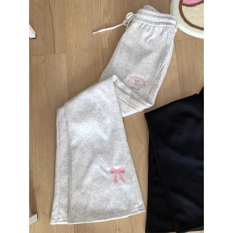 Embroidered Bows Y2k Grey Flare Pants Drawstring Harajuku Long Sports Pants High Waist Japanese Cute Mens Casual Pants 250122