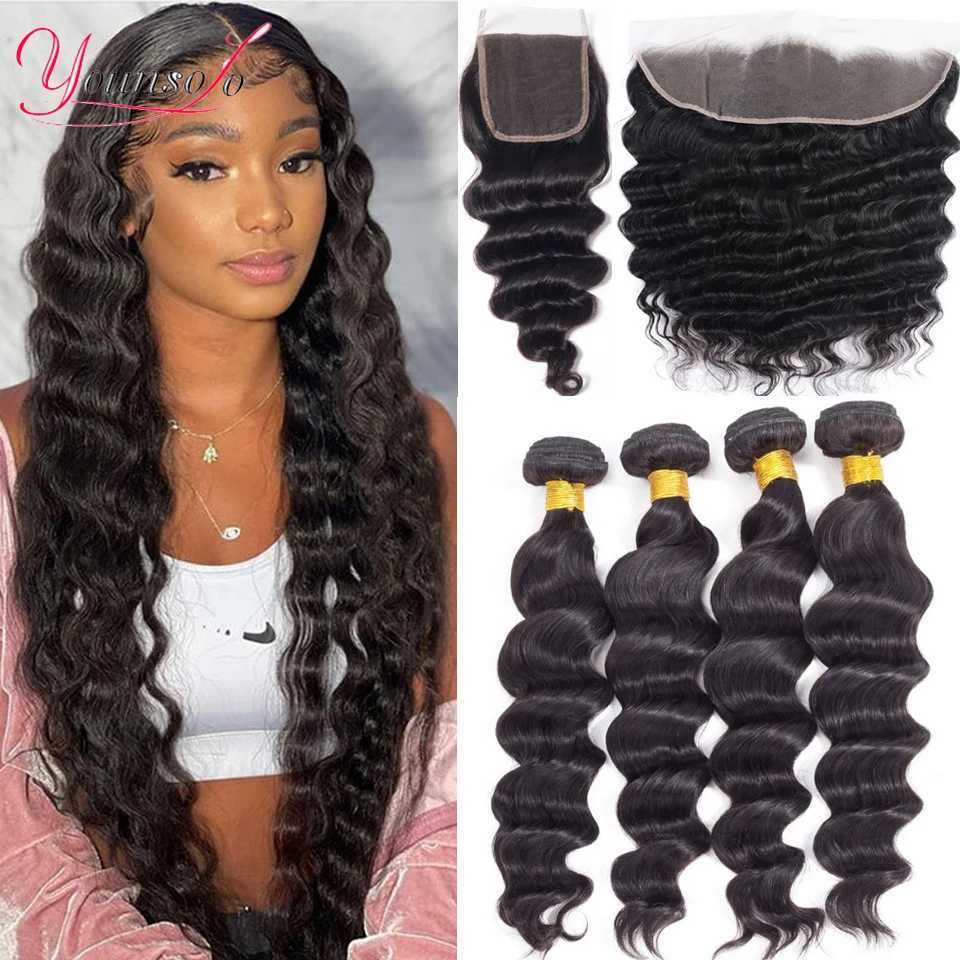 Younsolo Peruvian Human Hair Bundles With Lace Frontal Loose Deep Wave Bundles With Front Loose Deep Bundles With Lace CloXJ250120