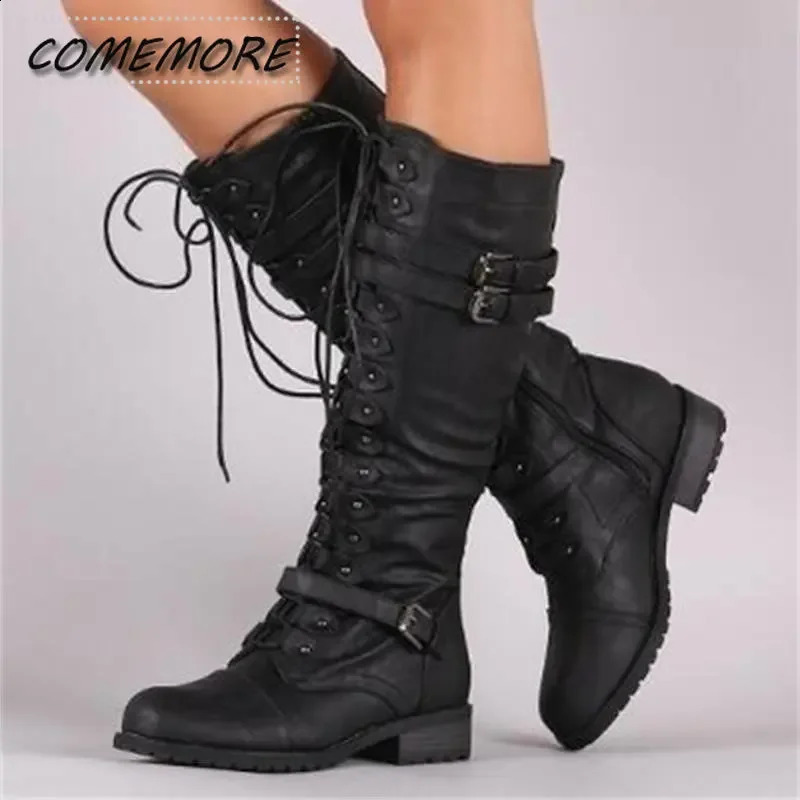 Women Knee High Boots Autumn Winter Lace Up Flat Shoes Sexy Steampunk PU Retro Buckle Woman Footwear Ladies Snow Platform 250117