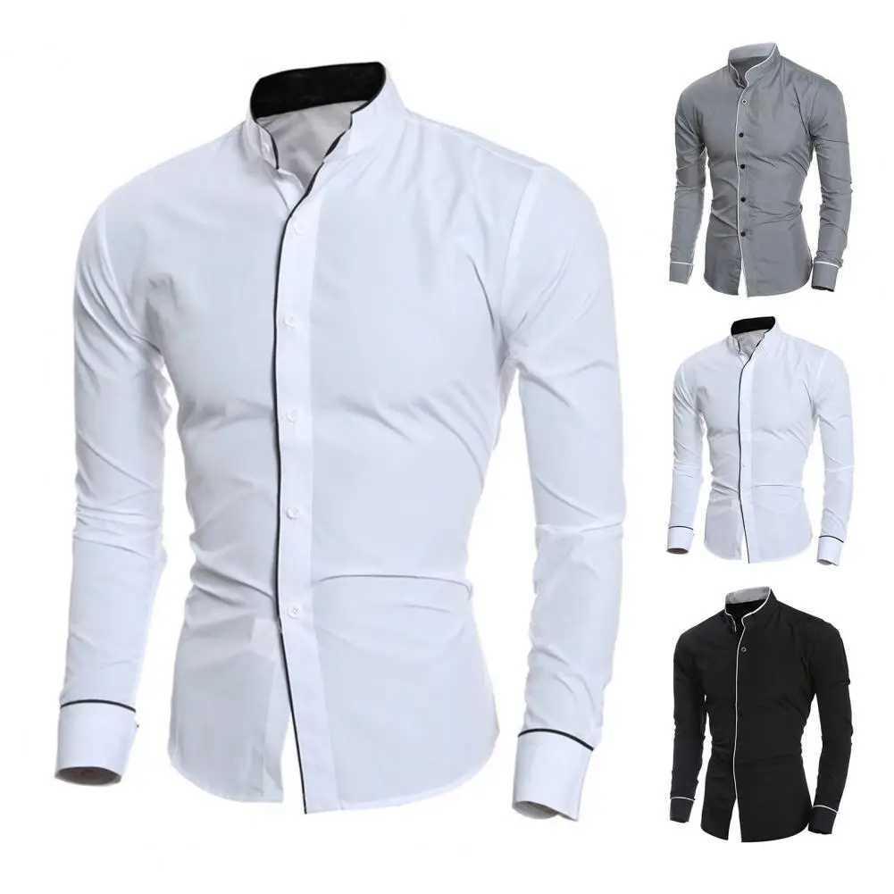 Trendy Men Shirt Slim Male Shirt Soft Anti-wrinkle Casual Contrast Color Line Male ShirtXJ250121