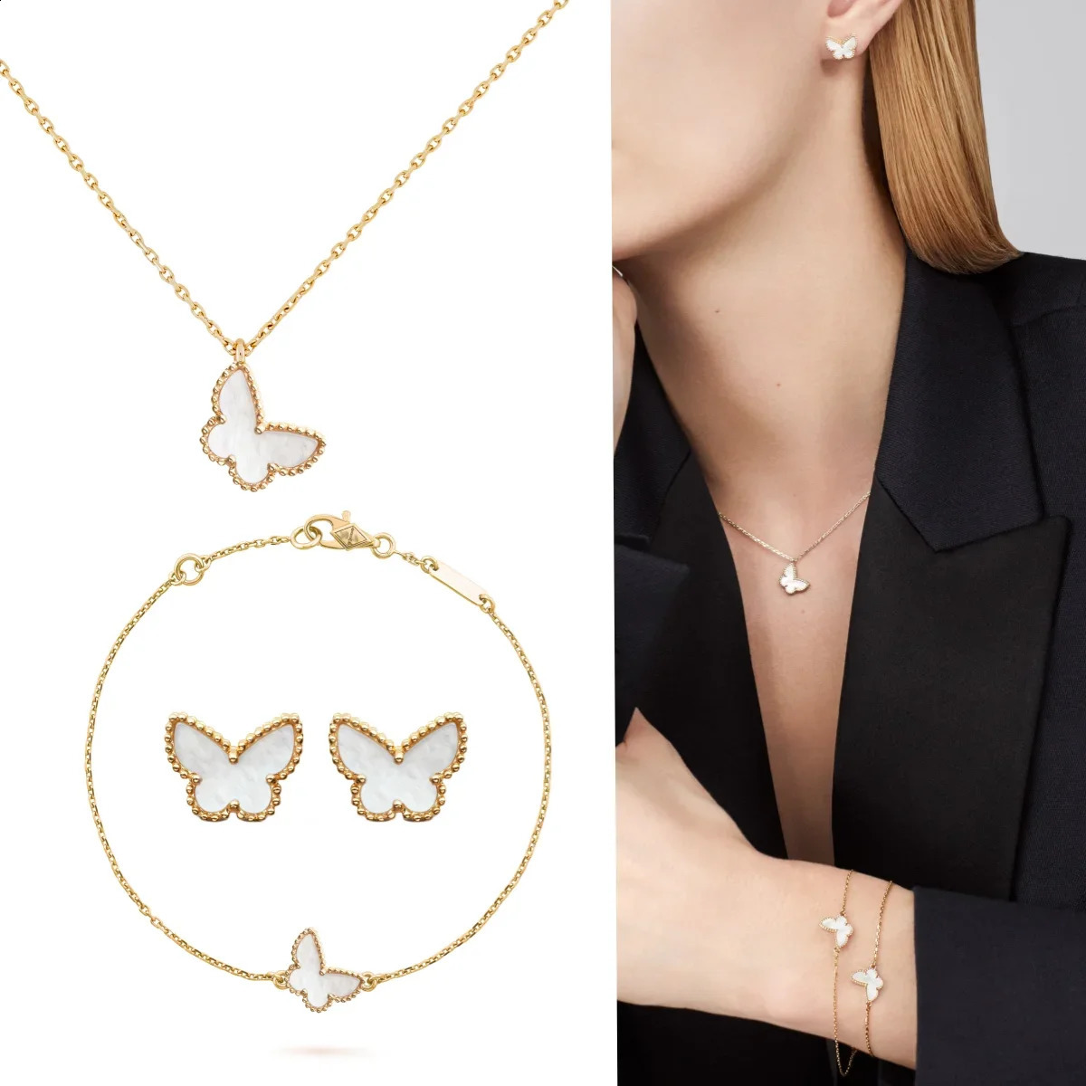 S925 silver white butterfly set earrings necklace bracelet original high quality with gentle and fashionable VCA style 250108