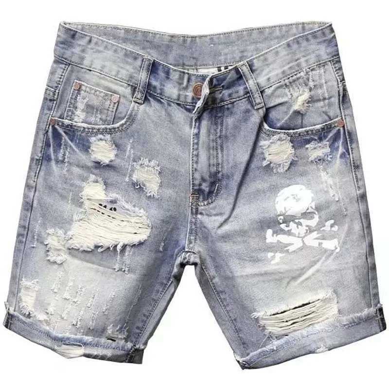 Summer Mens Worn Bead Hole Beggar Stretch Ripped Short Jeans Men Streetwear Korean Fashion Slim Fit Denim Shorts X250203