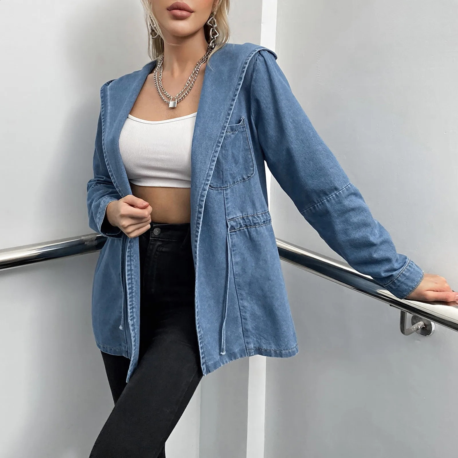 Hooded Denim Outerwear WomenS Spring Autumn Casual Jacket Boyfriend Jean LongSleeve Stylish Coats 250120wtt